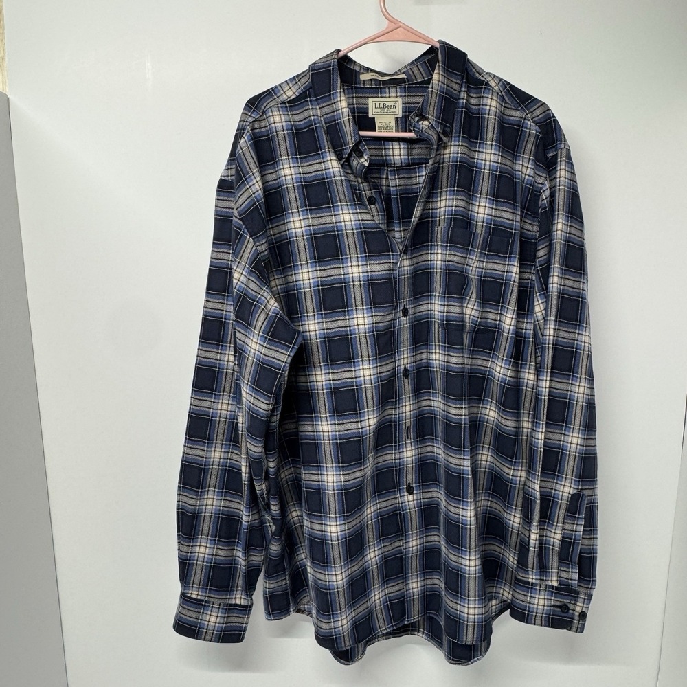 L.L.Bean Men's XL Traditional Fit Warm Flannel Shirt Blue Plaid 100% Cotton
